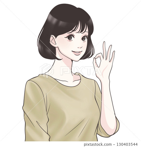 一位女士做出 OK 姿勢的插圖（一位女士用手做出 OK 姿勢） 130403544