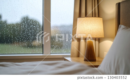 Cozy bedroom with windowsill and warm lamp on a rainy day Cozy bedroom with windowsill and warm lamp on a rainy day 130403552