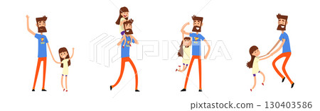 Man Father Superhero Spending Time with Little Daughter Vector Set 130403586