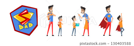 Man Father Superhero Spending Time with Little Son Vector Set 130403588