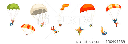 Man Jump with Parachute Engaged in Extreme Sport Activity Vector Set 130403589