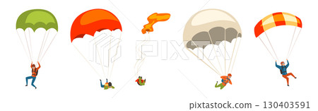 Man Jump with Parachute Engaged in Extreme Sport Activity Vector Set Man Jump with Parachute Engaged in Extreme Sport Activity Vector Set 130403591