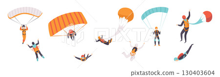 Man Jump with Parachute Engaged in Extreme Sport Activity Vector Set 130403604
