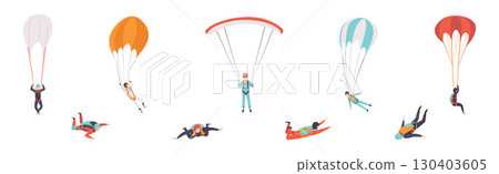 Man Jump with Parachute Engaged in Extreme Sport Activity Vector Set 130403605