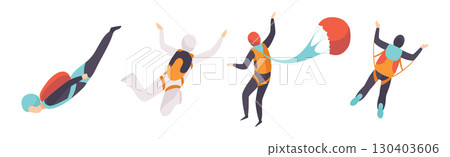 Man Jump with Parachute Engaged in Extreme Sport Activity Vector Set 130403606