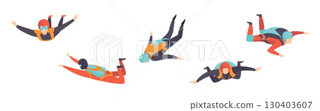 Man Jump with Parachute Engaged in Extreme Sport Activity Vector Set Man Jump with Parachute Engaged in Extreme Sport Activity Vector Set 130403607
