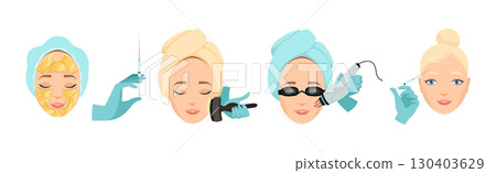Cosmetology with Woman Face Have Skin Procedure Vector Set 130403629