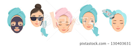 Cosmetology with Woman Face Have Skin Procedure Vector Set 130403631