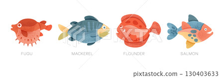 Freshwater and Saltwater Fish as Seafood Depicted in Flat Style Vector Set 130403633