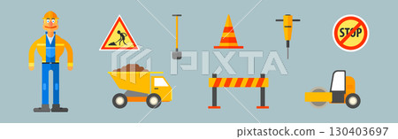 Road Repair Work Flat Object and Equipment Vector Set 130403697