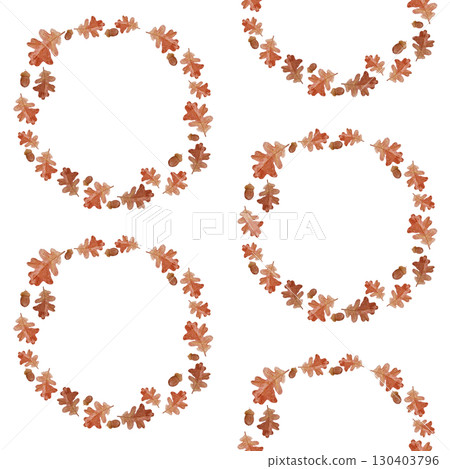 Autumn wreaths made from oak leaves and acorns seamless watercolor pattern isolated on white background. Warm rustic design ideal for wrapping paper, invitations, seasonal crafts, and fabric prints 130403796