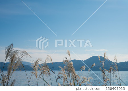 Lake and mountains visible beyond the silver grass 130403933