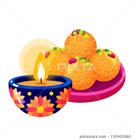 Traditional Diwali Laddu Sweets with Decorative Diya Oil Lamp Illustration 130403960