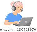 Young Woman Working on Laptop with Headphones 130403970