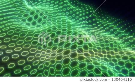 Glowing green hexagonal mesh forming a dynamic wave surface, symbolizing sustainable technology and digital innovation Glowing green hexagonal mesh forming a dynamic wave surface, symbolizing sustainable technology and digital innovation 130404110
