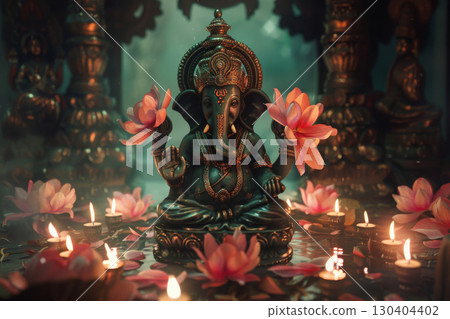 Lord Ganesha statue with candles in temple 130404402