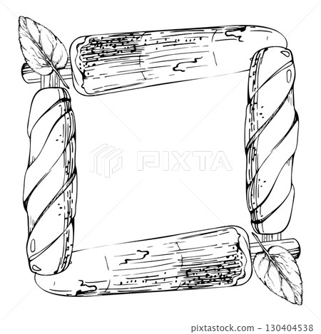 Creamy spiral and layered popsicle ice lolly, mint sprig and soft glaze, melting water droplets. graphic square frame illustration hand drawn in vector ink. Organic flavor combo, gourmet branding 130404538