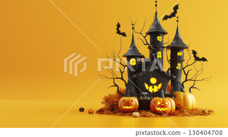 Spooky Haunted House with Bats and Pumpkins 130404708