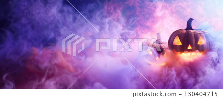 Jack-o'-Lanterns in Misty Purple Fog 130404715