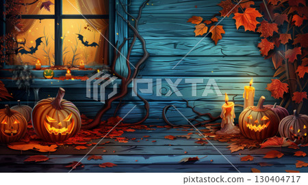Cozy Halloween Night with Carved Pumpkins and Candles 130404717