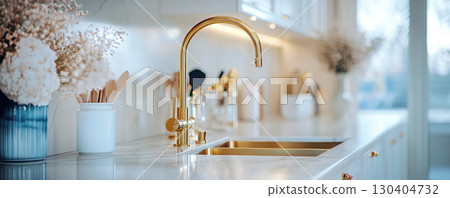Luxurious Gold Kitchen Faucet with Marble Backsplash 130404732