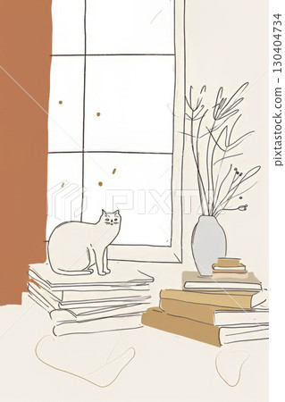 Cat Silhouette on Books with Coffee Cup 130404734