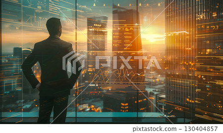 Businessman looking at the city skyline 130404857