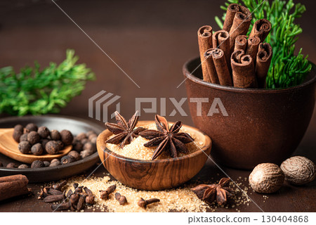 Christmas spices. Ingredients for mulled wine. 130404868