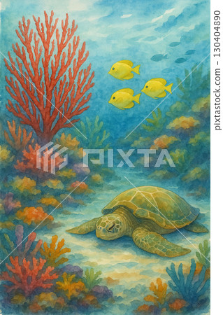 海底世界繪畫－一幅展現海水游泳和熱浪的珊瑚礁水彩畫。 130404890