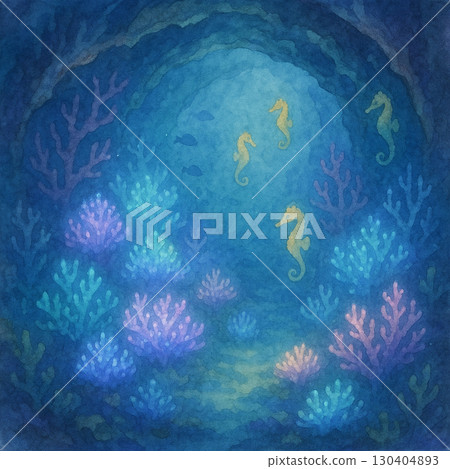 海底洞穴與海馬畫-夢幻珊瑚與神秘水下生物水彩奇幻場景 海底洞穴與海馬畫-夢幻珊瑚與神秘水下生物水彩奇幻場景 130404893