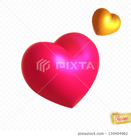 Stylish 3D hearts in pink and gold with realistic shine. Ideal for digital art, stickers, or romantic design projects. Bright, bold, and colorful composition 130404962