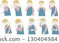 Illustration set of early symptoms of a cold, unwell woman 130404984
