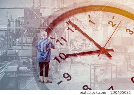 Factory worker work in plant factory process line overlay time clock. Industry factory working hours 130405025