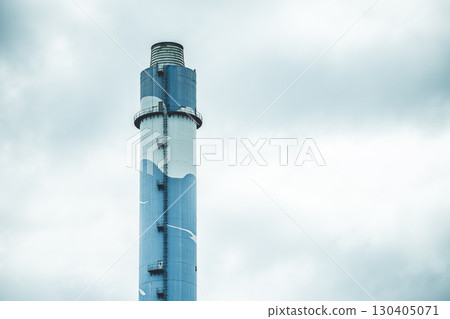 large industry chimney, hot gas pipe releases against cloudy sky background 130405071