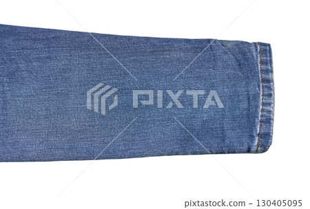 Close-up of blue denim fabric texture in a jeans sleeve with detailed stitching Close-up of blue denim fabric texture in a jeans sleeve with detailed stitching 130405095