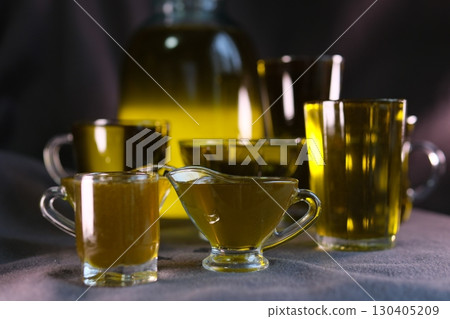 different types of oils olive sunflower corn Vegetable fats. Set of different oils and ingredients isolated on white 130405209