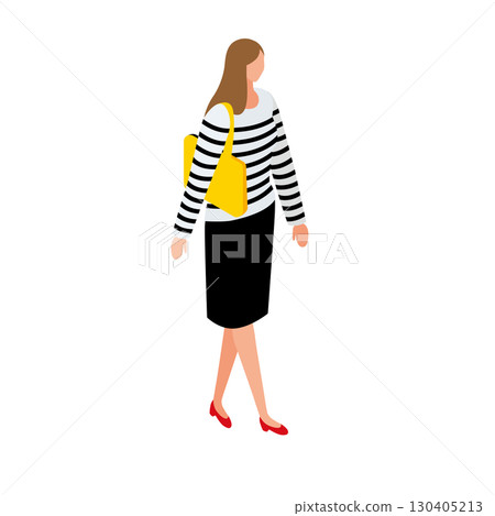 Isometric illustration of a woman in a border pattern holding a yellow bag Isometric illustration of a woman in a border pattern holding a yellow bag 130405213