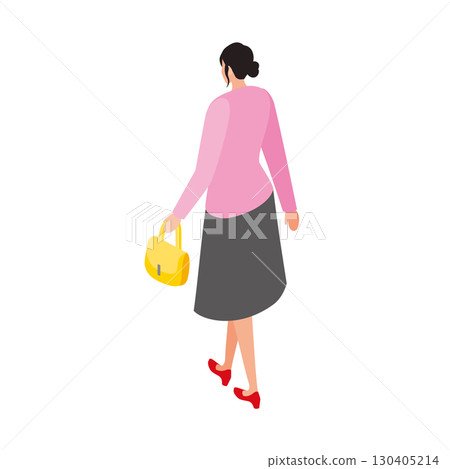 Isometric illustration of a woman with a pink top and yellow bag Isometric illustration of a woman with a pink top and yellow bag 130405214