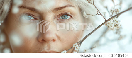 Elderly Woman with Blossoms Reflecting Wisdom and Beauty 130405404