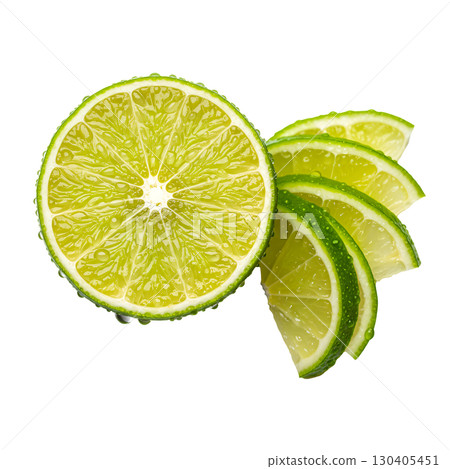 This image features fresh lime slices dripping with water, ideal for food, drink, and health-related content. The vibrant green citrus and water drops create a refreshing and crisp visual. 130405451