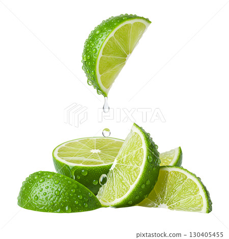 This image features fresh lime slices dripping with water, ideal for food, drink, and health-related content. The vibrant green citrus and water drops create a refreshing and crisp visual. 130405455