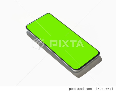 Modern smartphone with bright green screen display on silver surface Modern smartphone with bright green screen display on silver surface 130405641