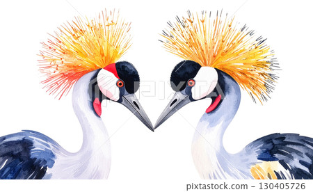 Amazing image of two grey crowned cranes with red beaks and black crests isolated on white background. Amazing image of two grey crowned cranes with red beaks and black crests isolated on white background. 130405726