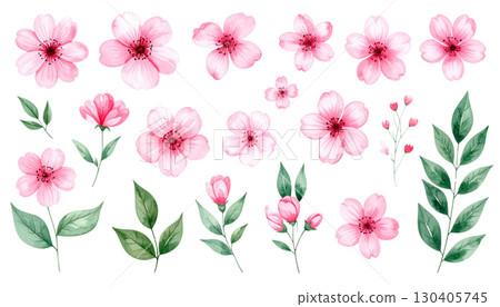 Pink floral background with blooming pink and white spring flowers. 130405745