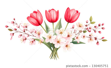 Beautiful pink spring flowers and green leaves blooming, isolated on white background. Beautiful pink spring flowers and green leaves blooming, isolated on white background. 130405751