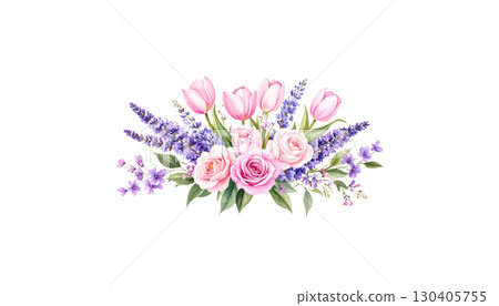Beautiful pink spring flowers and green leaves blooming, isolated on white background. 130405755