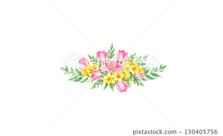 Beautiful pink spring flowers and green leaves blooming, isolated on white background. 130405756