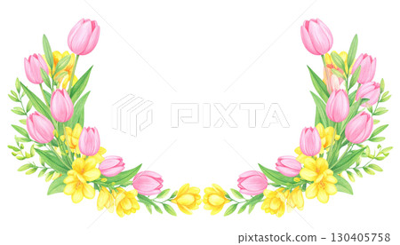 Beautiful pink spring flowers and green leaves blooming, isolated on white background. 130405758