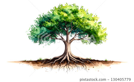 Light green tree growing in soil and grass isolated on white background Light green tree growing in soil and grass isolated on white background 130405779
