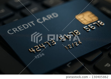Close-up of credit card on computer keyboard. Online payment and e-commerce concept 130405862